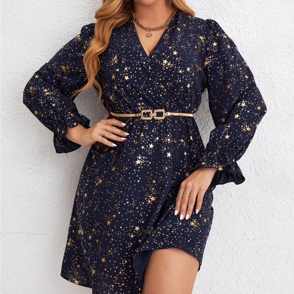 Navy blue gold stars flounce sleeve holidays party dress - Picture 5 of 8